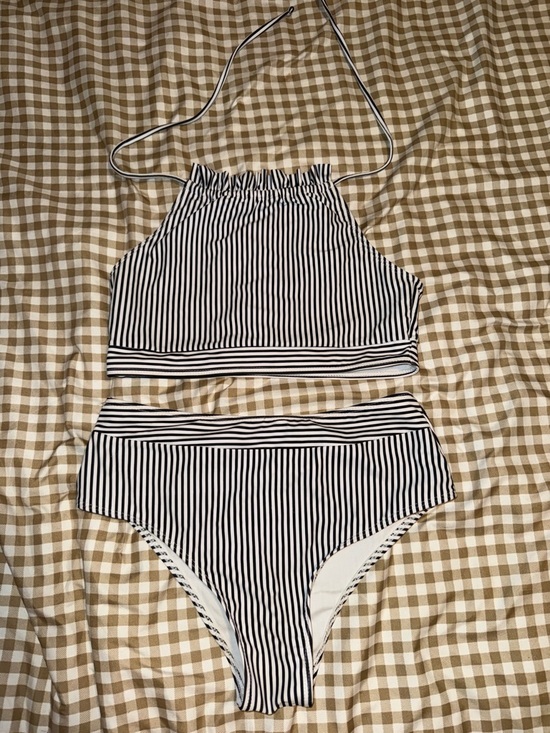 SHEIN Other - SHEIN Black and White Striped High Neck Bikini Set